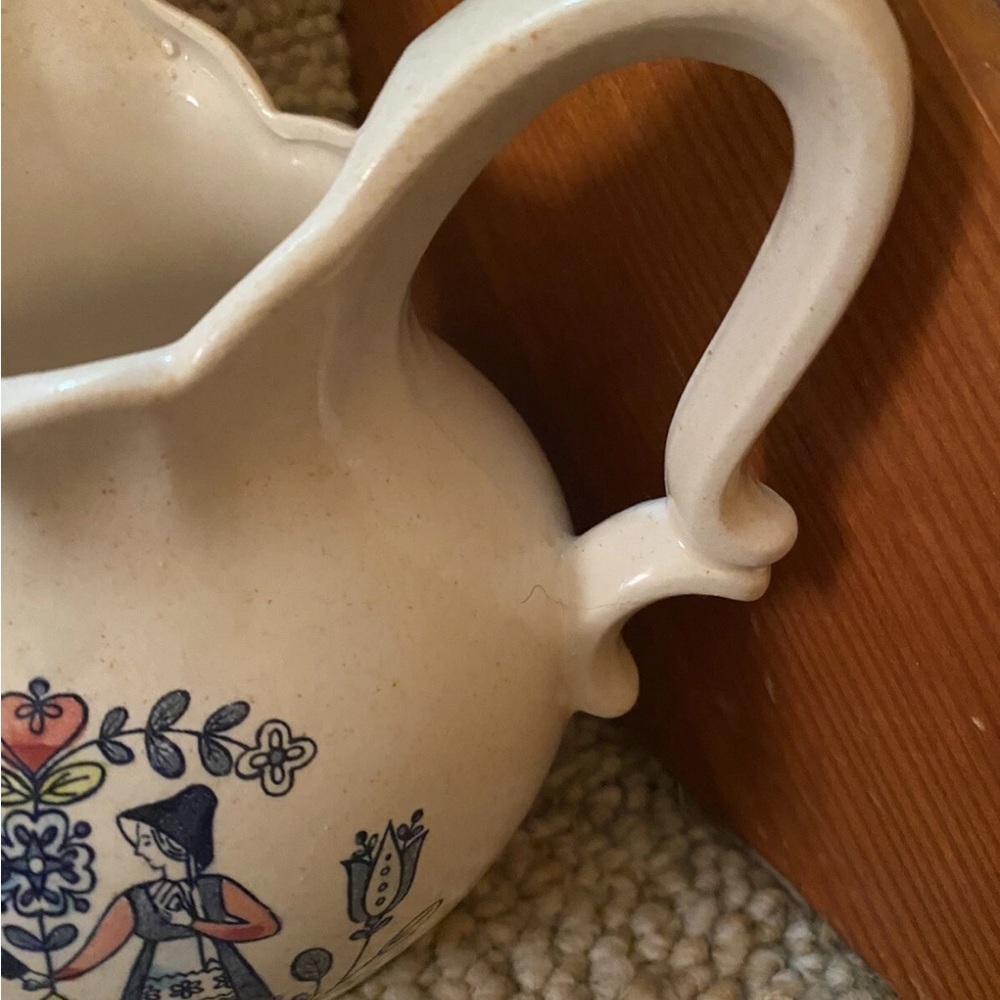 Vintage Enesco Cream Ceramic Pitcher with Blue Floral Design - Picture 3 of 11